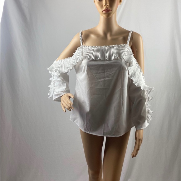 White Long Sleeve Cold Shoulder Ruffle Blouse - Picture 5 of 8